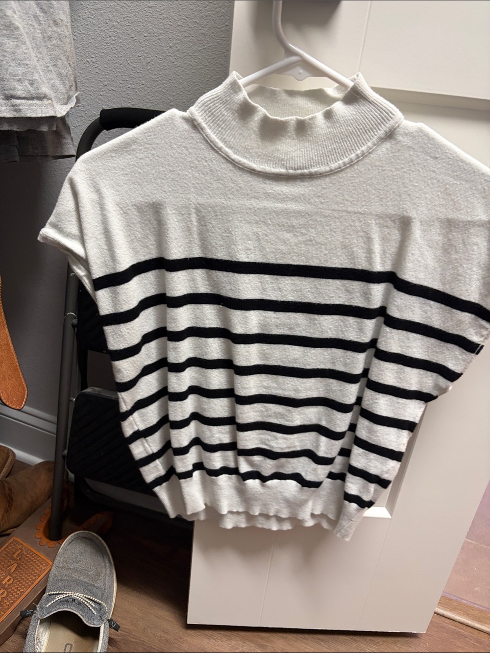 White and Black Striped Mock Neck Women’s Sweater